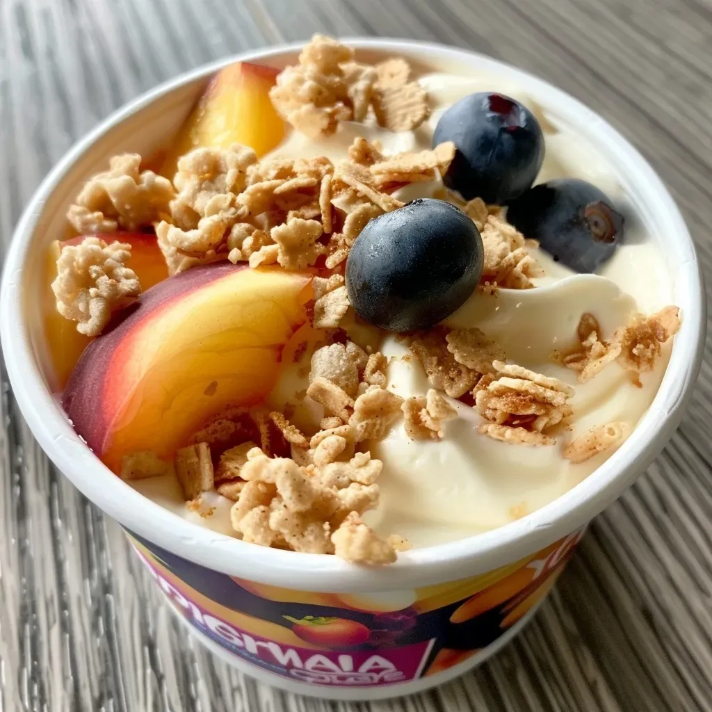 ['Close-up view of a Cinnamon Peach Crunch Yogurt Cup with fresh peach and blueberry toppings.', 'Side view of a creamy yogurt cup featuring diced peaches and Cinnamon Toast Crunch cereal.', 'A vibrant yogurt cup filled with peach yogurt, fresh fruit, and a crunchy topping.', 'Delicious Cinnamon Peach Crunch Yogurt Cup showcasing peaches and blueberries on top.']