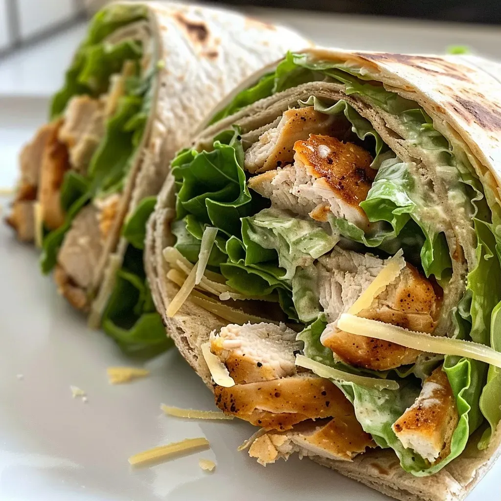 ['Close-up view of a Classic Chicken Caesar Wrap featuring lettuce and parmesan cheese.', 'Side perspective of a juicy Chicken Caesar Wrap with visible salad dressing and cooked chicken.', 'Detailed image of a tortilla wrap filled with Caesar salad ingredients and succulent chicken.', 'Close-up of a Chicken Caesar Wrap showcasing fresh lettuce and a creamy dressing.']