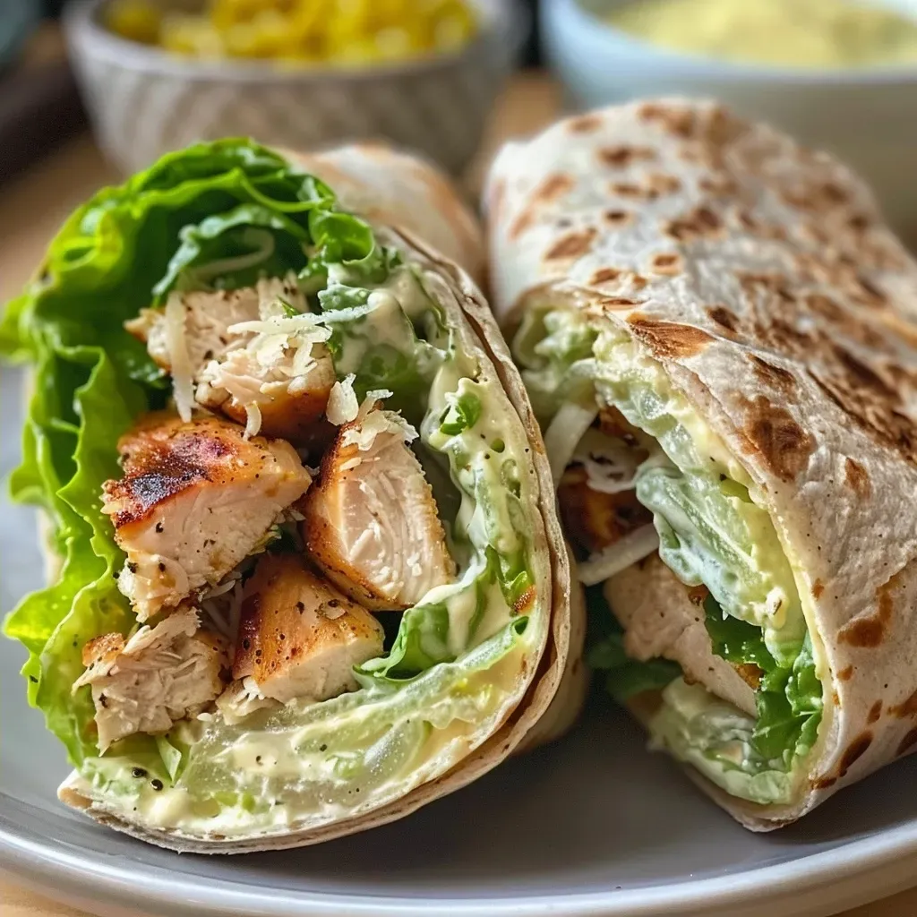 ['Close-up view of a Classic Chicken Caesar Wrap featuring lettuce and parmesan cheese.', 'Side perspective of a juicy Chicken Caesar Wrap with visible salad dressing and cooked chicken.', 'Detailed image of a tortilla wrap filled with Caesar salad ingredients and succulent chicken.', 'Close-up of a Chicken Caesar Wrap showcasing fresh lettuce and a creamy dressing.']