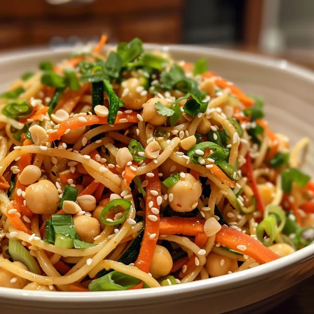 ['Close-up view of colorful Cold Sesame Noodles topped with green onions and peanuts.', 'Juicy Cold Sesame Noodles with spiralized zucchini and carrots, garnished with sesame seeds.', 'Vibrant Cold Sesame Noodles in a bowl, featuring chickpeas and a lime wedge.', 'Delicious plate of Cold Sesame Noodles with a creamy peanut sauce and fresh vegetables.']