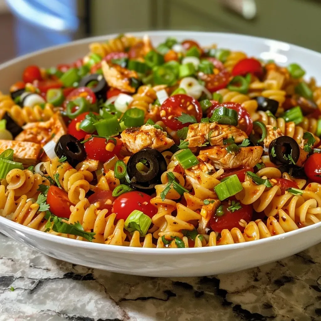 ['A close-up side view of a bowl filled with vibrant Cool Chicken Taco Pasta Salad.', 'Juicy chicken pasta salad with fusilli, cherry tomatoes, and olives in a serving bowl.', 'A colorful pasta salad featuring diced chicken, black olives, and green chiles.', 'A detailed view of a delicious bowl of chicken taco pasta salad topped with cilantro.']