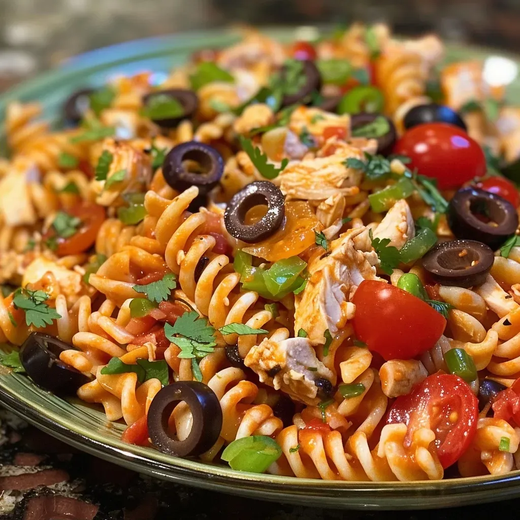 ['A close-up side view of a bowl filled with vibrant Cool Chicken Taco Pasta Salad.', 'Juicy chicken pasta salad with fusilli, cherry tomatoes, and olives in a serving bowl.', 'A colorful pasta salad featuring diced chicken, black olives, and green chiles.', 'A detailed view of a delicious bowl of chicken taco pasta salad topped with cilantro.']