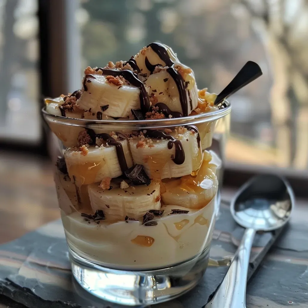 ['A close-up side view of Cottage Cheese Banana Pudding Cups topped with melted chocolate.', 'A creamy dessert cup filled with cottage cheese and banana, drizzled with dark chocolate.', 'Cottage Cheese Banana Pudding Cups displayed in clear glasses, showcasing bananas and chocolate.', 'Side view of layered pudding cups containing banana and cottage cheese, garnished with chocolate.']