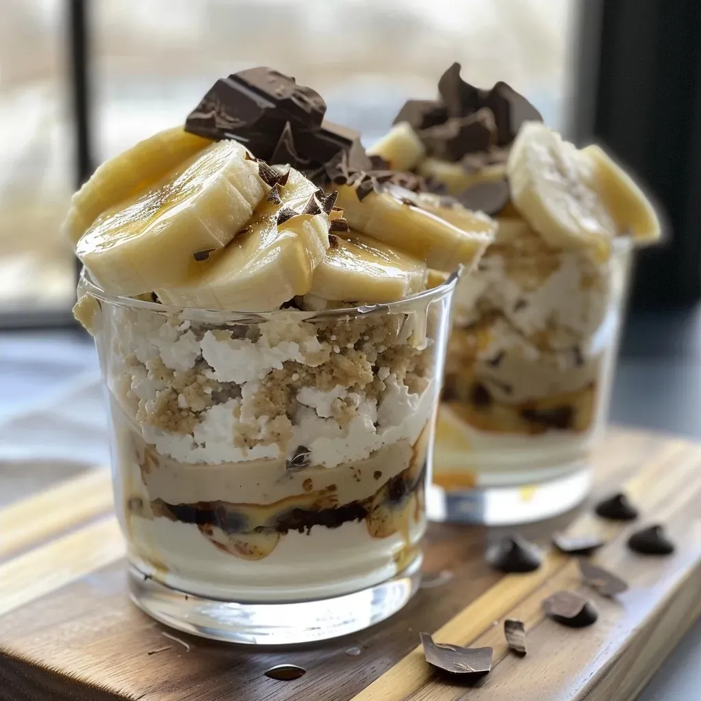 ['A close-up side view of Cottage Cheese Banana Pudding Cups topped with melted chocolate.', 'A creamy dessert cup filled with cottage cheese and banana, drizzled with dark chocolate.', 'Cottage Cheese Banana Pudding Cups displayed in clear glasses, showcasing bananas and chocolate.', 'Side view of layered pudding cups containing banana and cottage cheese, garnished with chocolate.']