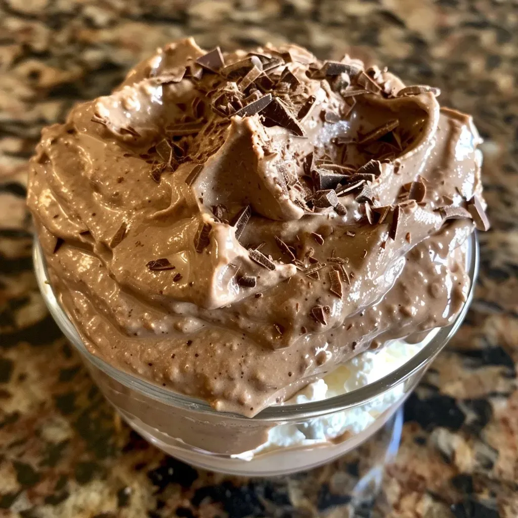 ['Close-up view of a creamy chocolate mousse made with cottage cheese.', 'Side perspective of Cottage Cheese Chocolate Mousse in a glass dish.', 'Rich, chocolatey dessert featuring cottage cheese, captured with a smartphone.', 'Delicious thick mousse with a glossy finish, highlighting its chocolate color.']
