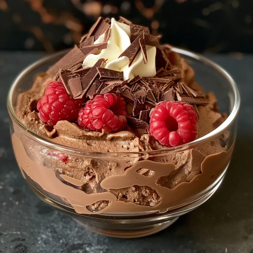 ['Close-up view of a creamy chocolate mousse made with cottage cheese in a glass dish.', 'Side view of rich cottage cheese chocolate mousse topped with chocolate shavings.', 'Smooth and thick cottage cheese chocolate mousse displayed in a stylish bowl.', 'Decadent cottage cheese chocolate mousse with a glossy finish, emphasizing its luxurious texture.']