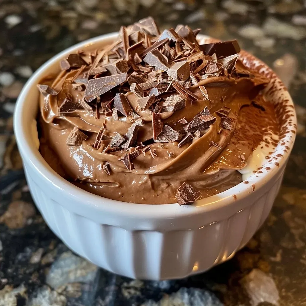 ['Close-up view of a creamy chocolate mousse made with cottage cheese.', 'Side perspective of Cottage Cheese Chocolate Mousse in a glass dish.', 'Rich, chocolatey dessert featuring cottage cheese, captured with a smartphone.', 'Delicious thick mousse with a glossy finish, highlighting its chocolate color.']