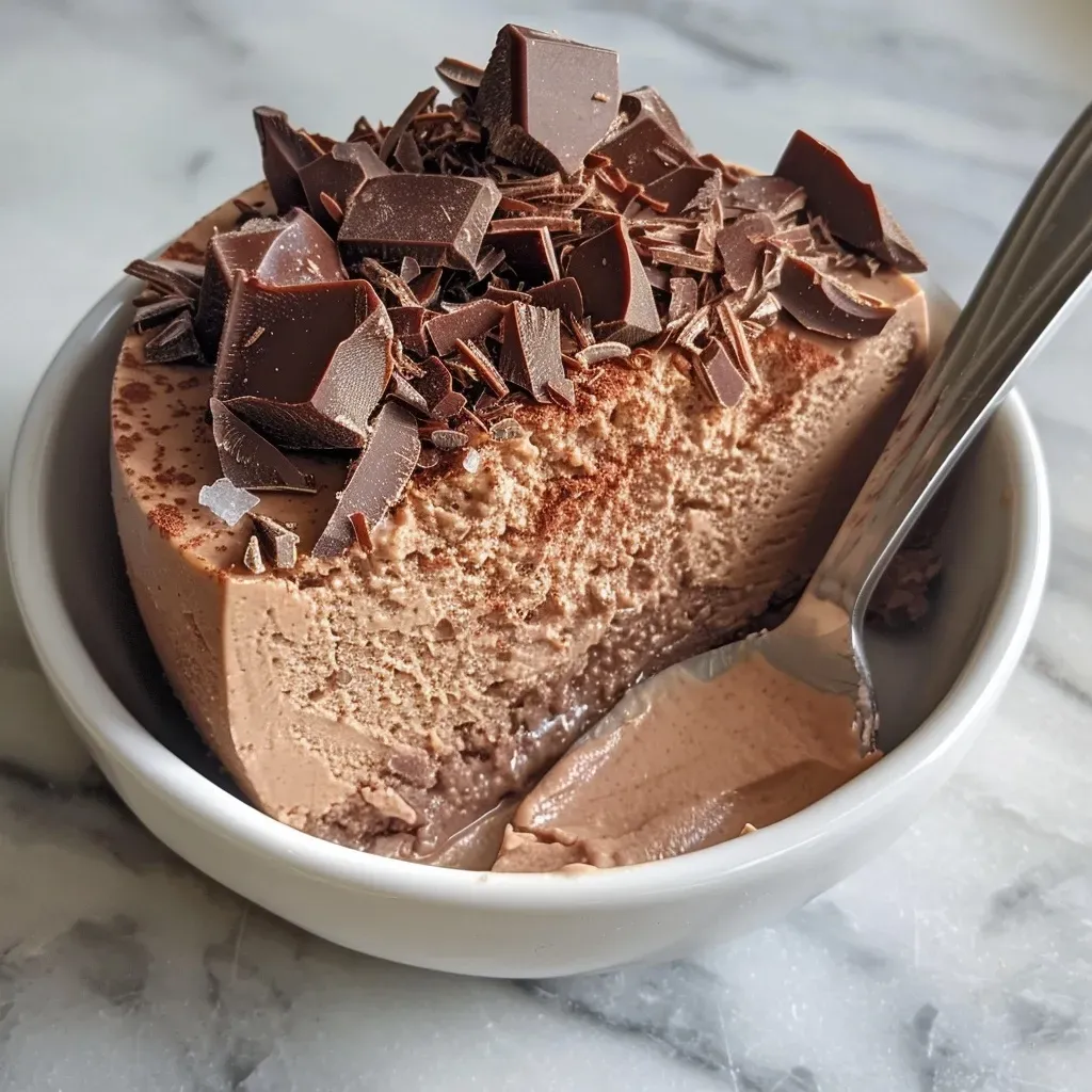 ['Close-up view of a creamy chocolate mousse made with cottage cheese in a glass dish.', 'Side view of rich cottage cheese chocolate mousse topped with chocolate shavings.', 'Smooth and thick cottage cheese chocolate mousse displayed in a stylish bowl.', 'Decadent cottage cheese chocolate mousse with a glossy finish, emphasizing its luxurious texture.']
