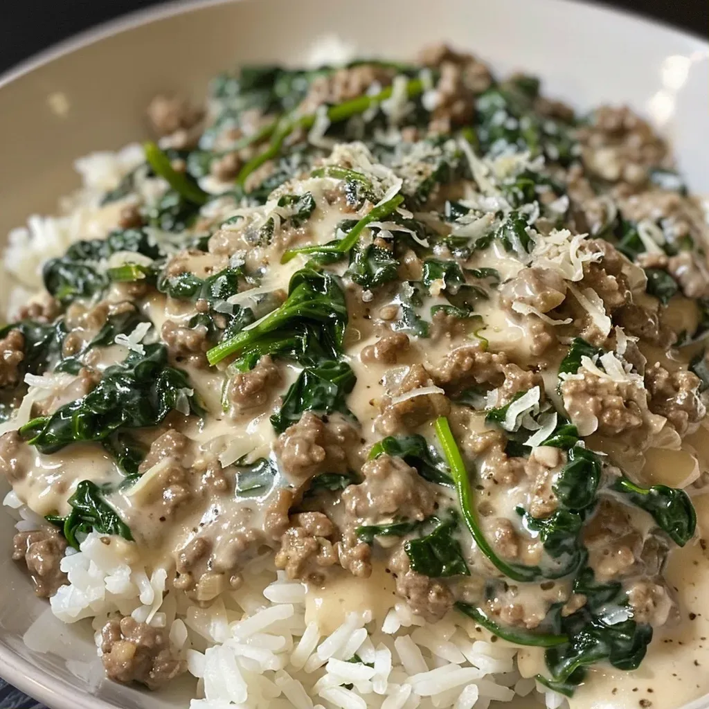 ['Close-up view of a creamy beef spinach rice dish in a bowl, garnished with herbs.', 'Side view of a hearty creamy beef spinach rice serving, showcasing the textures of beef and spinach.', 'Appetizing creamy beef spinach rice in a bowl, highlighting the rich sauce and colorful ingredients.', 'Delicious creamy beef spinach rice, with visible chunks of ground beef and fresh spinach.']