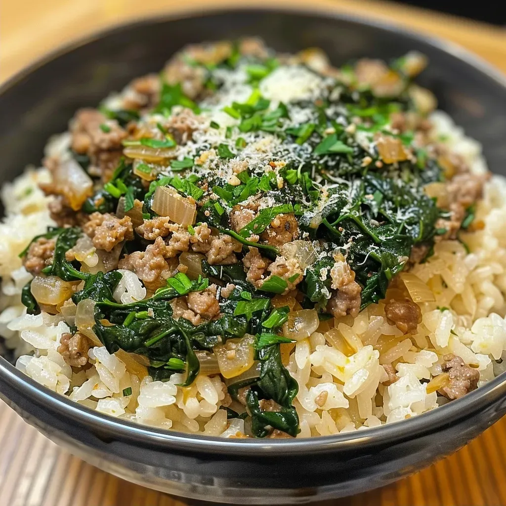 ['Close-up view of a creamy beef spinach rice dish in a bowl, garnished with herbs.', 'Side view of a hearty creamy beef spinach rice serving, showcasing the textures of beef and spinach.', 'Appetizing creamy beef spinach rice in a bowl, highlighting the rich sauce and colorful ingredients.', 'Delicious creamy beef spinach rice, with visible chunks of ground beef and fresh spinach.']