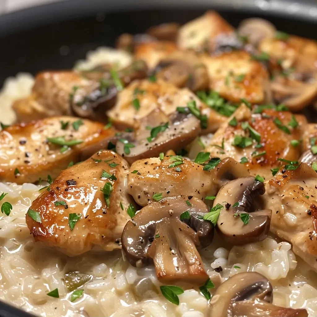 ['A close-up view of creamy chicken and mushroom rice with diced chicken and sliced mushrooms.', 'Juicy, creamy chicken and mushroom rice served in a bowl, showcasing rich textures and colors.', 'Side view of a delicious plate of creamy chicken and mushroom rice, garnished with fresh parsley.', 'An appetizing close-up of creamy chicken and mushroom rice, highlighting the creamy sauce and ingredients.']