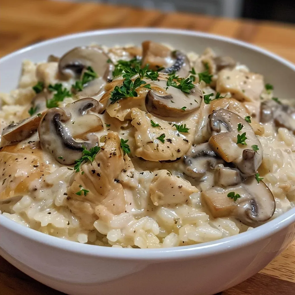 ['A close-up view of creamy chicken and mushroom rice with diced chicken and sliced mushrooms.', 'Juicy, creamy chicken and mushroom rice served in a bowl, showcasing rich textures and colors.', 'Side view of a delicious plate of creamy chicken and mushroom rice, garnished with fresh parsley.', 'An appetizing close-up of creamy chicken and mushroom rice, highlighting the creamy sauce and ingredients.']
