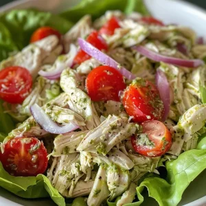 ['Close-up view of a creamy chicken salad in a white bowl with fresh ingredients.', 'Side angle of a vibrant chicken salad featuring shredded chicken and colorful vegetables.', 'Juicy creamy chicken salad displayed with chopped tomatoes and lettuce on a dark background.', 'Appetizing creamy chicken salad with pesto, chicken, and red onions, ready to serve.']