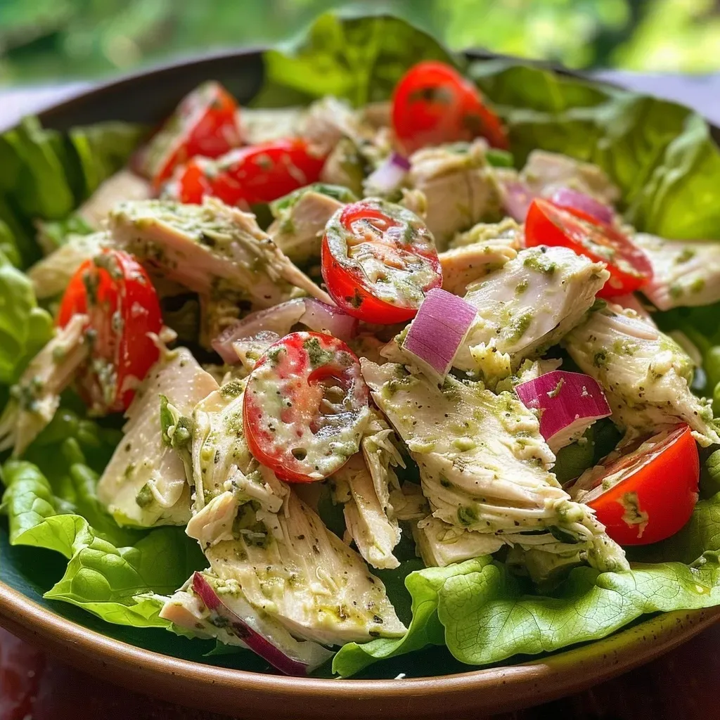 ['Close-up view of a creamy chicken salad in a white bowl with fresh ingredients.', 'Side angle of a vibrant chicken salad featuring shredded chicken and colorful vegetables.', 'Juicy creamy chicken salad displayed with chopped tomatoes and lettuce on a dark background.', 'Appetizing creamy chicken salad with pesto, chicken, and red onions, ready to serve.']
