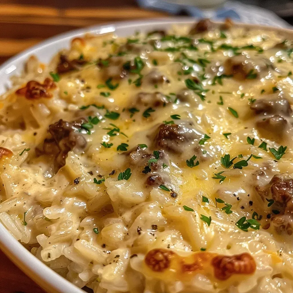 ['Close-up side view of creamy garlic butter beef and rice in a bowl.', 'Juicy beef mixed with rice, topped with melted cheese and garlic butter.', 'A serving of creamy garlic butter beef and rice garnished with parsley.', 'Side perspective of a dish featuring garlic butter beef and rice with cheese.']