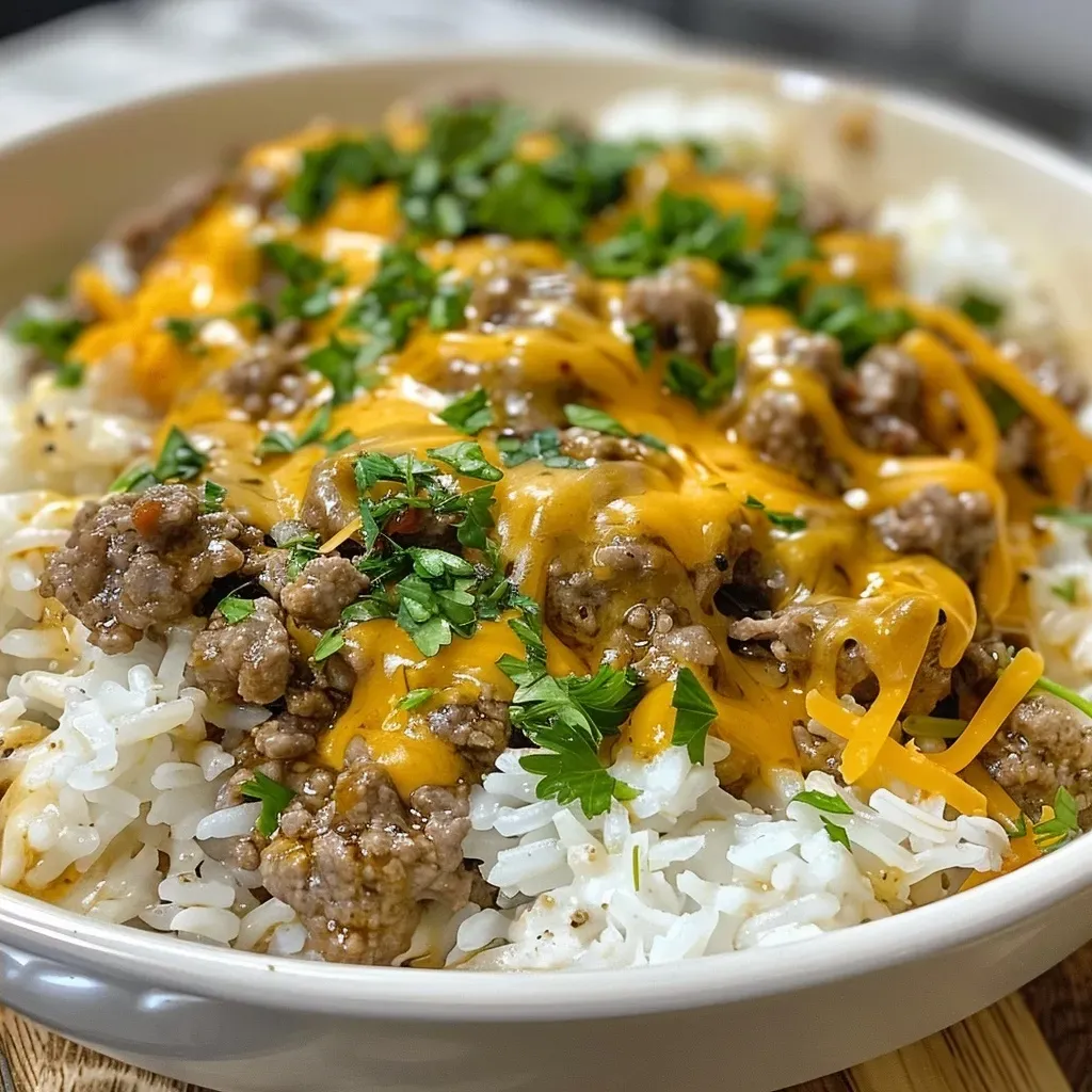 ['Close-up side view of creamy garlic butter beef and rice in a bowl.', 'Juicy beef mixed with rice, topped with melted cheese and garlic butter.', 'A serving of creamy garlic butter beef and rice garnished with parsley.', 'Side perspective of a dish featuring garlic butter beef and rice with cheese.']