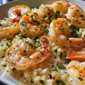 ['A close-up view of creamy garlic shrimp served over rice, garnished with parsley.', 'Juicy shrimp in a creamy garlic sauce atop a bed of fluffy rice, viewed from the side.', 'A side angle shot of delicious creamy garlic shrimp with rice, showcasing the rich sauce and shrimp.', 'Close-up of succulent shrimp in a creamy garlic sauce with rice, highlighting the texture and ingredients.']