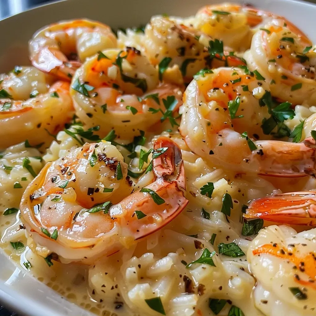 ['A close-up view of creamy garlic shrimp served over rice, garnished with parsley.', 'Juicy shrimp in a creamy garlic sauce atop a bed of fluffy rice, viewed from the side.', 'A side angle shot of delicious creamy garlic shrimp with rice, showcasing the rich sauce and shrimp.', 'Close-up of succulent shrimp in a creamy garlic sauce with rice, highlighting the texture and ingredients.']