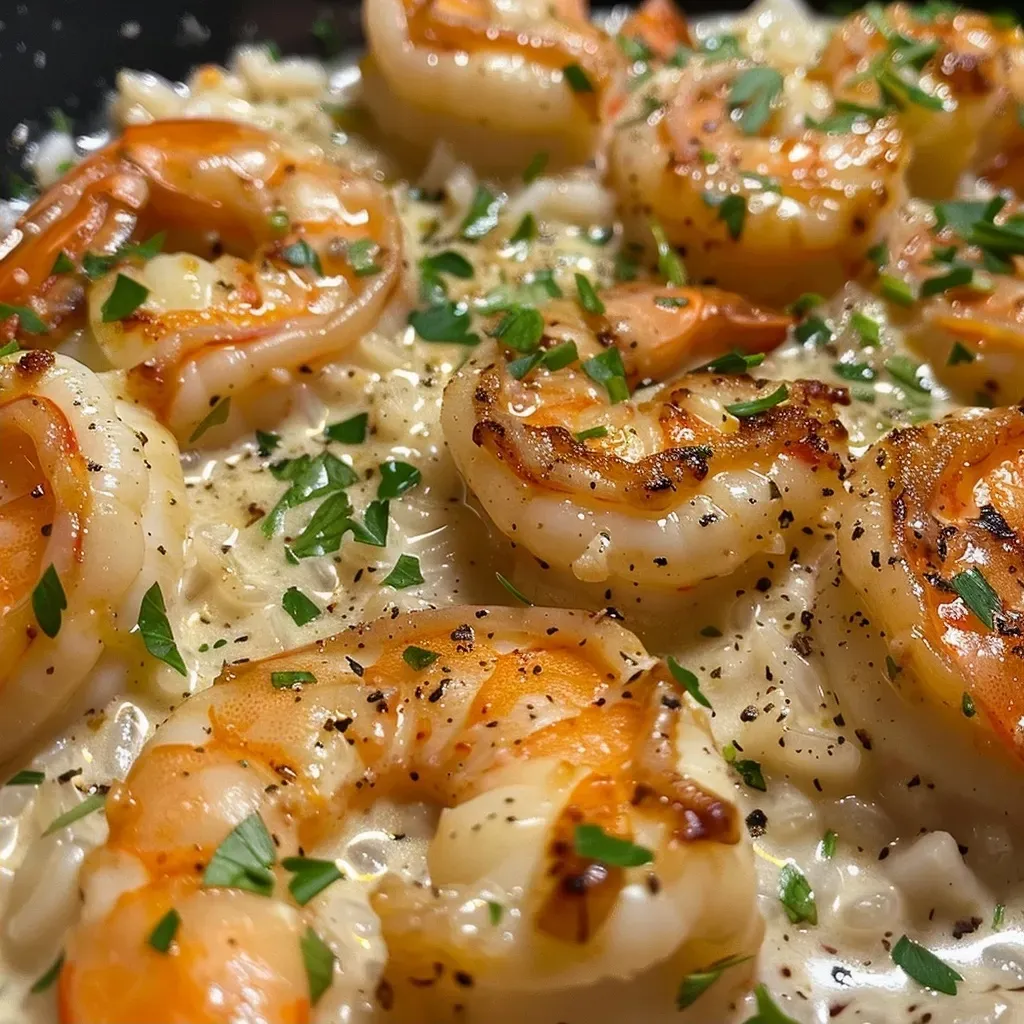 ['A close-up view of creamy garlic shrimp served over rice, garnished with parsley.', 'Juicy shrimp in a creamy garlic sauce atop a bed of fluffy rice, viewed from the side.', 'A side angle shot of delicious creamy garlic shrimp with rice, showcasing the rich sauce and shrimp.', 'Close-up of succulent shrimp in a creamy garlic sauce with rice, highlighting the texture and ingredients.']