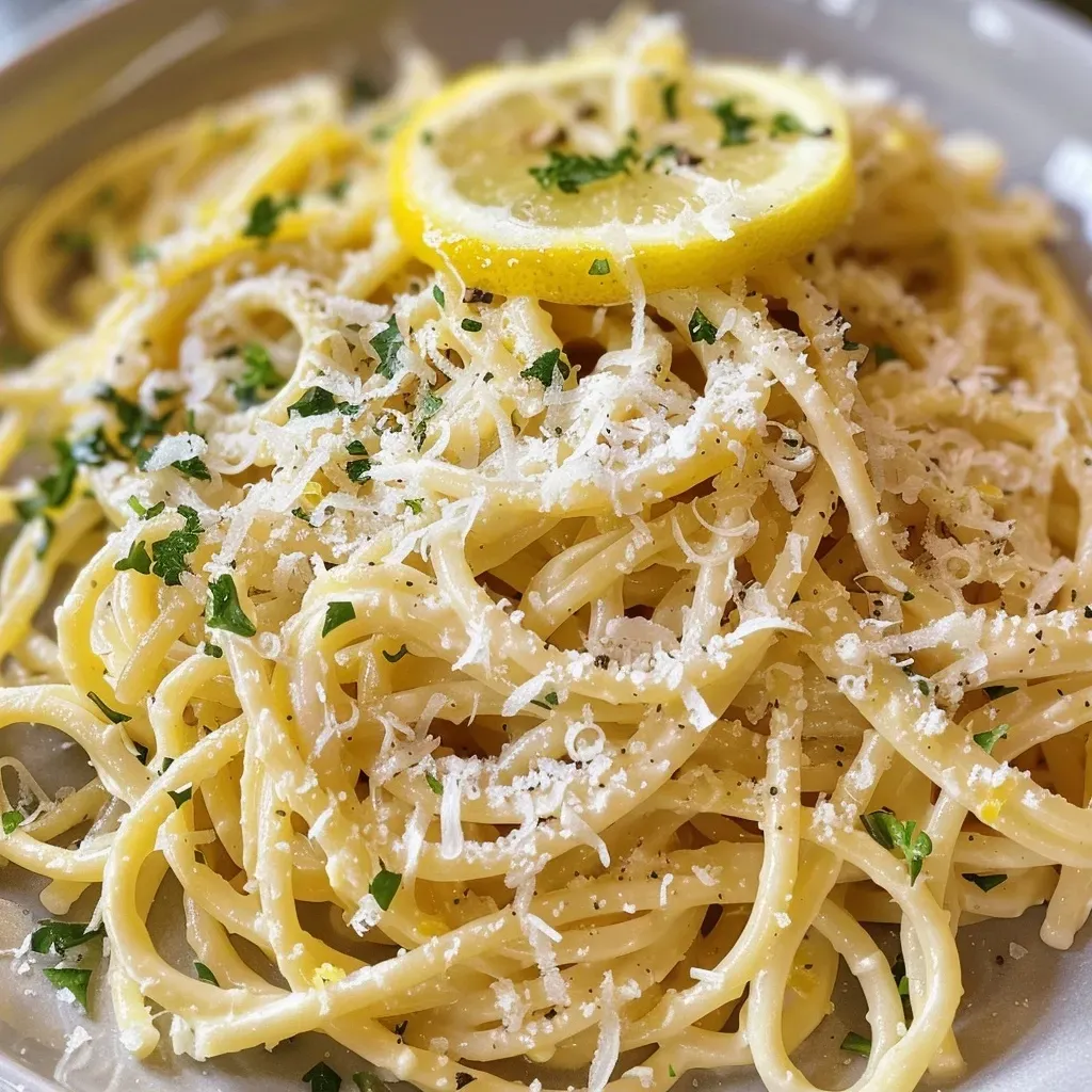 ['Close-up view of creamy lemon garlic pasta garnished with parsley.', 'Side view of a plate of spaghetti covered in creamy lemon sauce and grated Parmesan.', 'A delicious serving of creamy lemon garlic pasta with visible garlic and lemon zest.', 'Bowl of lemon garlic pasta with a rich creamy texture and fresh herbs.']
