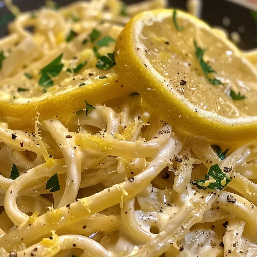 ['Close-up view of creamy lemon pasta with grated cheese and cracked black pepper.', 'Side shot of a bowl filled with creamy lemon pasta garnished with lemon zest.', 'Juicy creamy lemon pasta displaying a rich sauce, pepper, and parmesan on top.', 'Freshly made creamy lemon pasta in a bowl, highlighting the creamy texture and lemon flavor.']