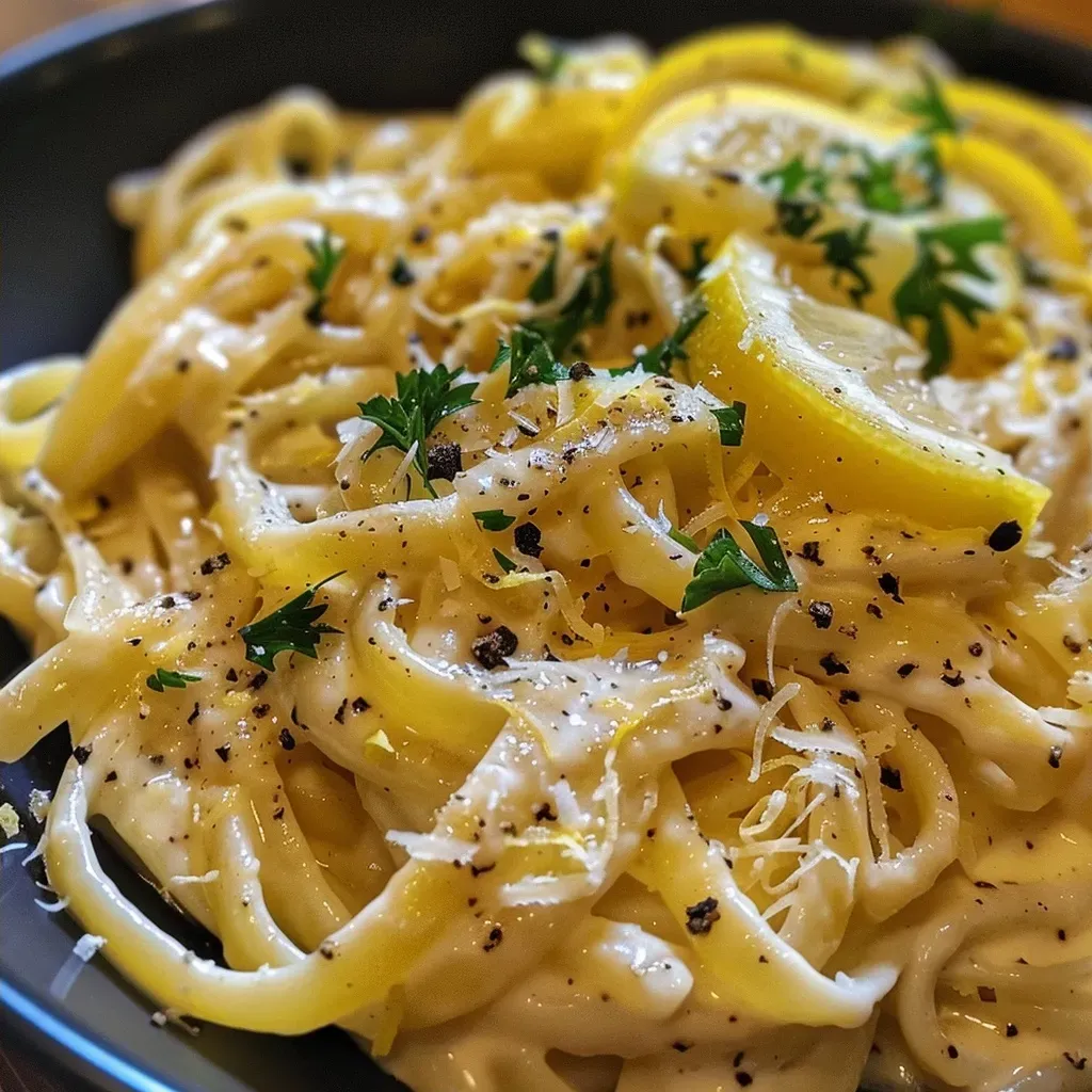 ['Close-up view of creamy lemon pasta with grated cheese and cracked black pepper.', 'Side shot of a bowl filled with creamy lemon pasta garnished with lemon zest.', 'Juicy creamy lemon pasta displaying a rich sauce, pepper, and parmesan on top.', 'Freshly made creamy lemon pasta in a bowl, highlighting the creamy texture and lemon flavor.']
