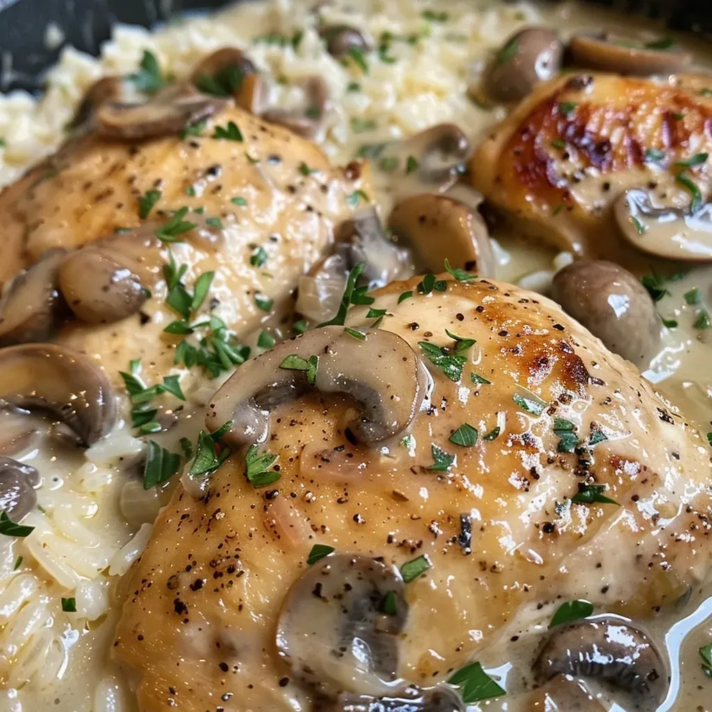 ['Close-up side view of creamy mushroom chicken and rice in a bowl.', 'Juicy chicken thighs with mushrooms and rice, garnished with parsley.', 'Creamy mushroom chicken and rice dish, showcasing vibrant ingredients.', 'Beautifully plated creamy chicken and rice topped with thyme and Parmesan.']