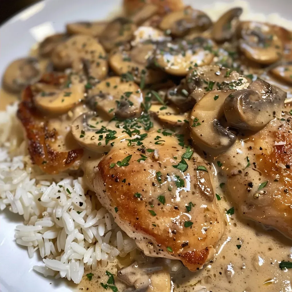 ['Close-up side view of creamy mushroom chicken and rice in a bowl.', 'Juicy chicken thighs with mushrooms and rice, garnished with parsley.', 'Creamy mushroom chicken and rice dish, showcasing vibrant ingredients.', 'Beautifully plated creamy chicken and rice topped with thyme and Parmesan.']