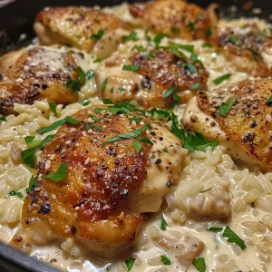 ['Close-up of creamy parmesan chicken and rice in a skillet, showcasing vibrant colors.', 'Side view of a delicious dish of creamy parmesan chicken and rice, garnished with parsley.', 'Juicy pieces of chicken mixed with creamy rice, set in a pan, ready to enjoy.', 'Detailed view of a one-pan meal featuring chicken and rice, rich in creamy texture.']