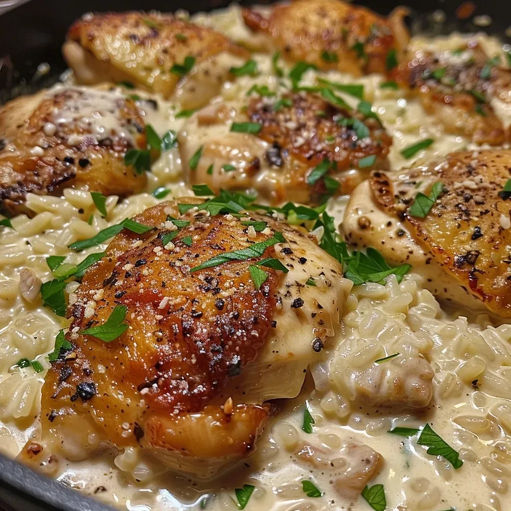 ['Close-up of creamy parmesan chicken and rice in a skillet, showcasing vibrant colors.', 'Side view of a delicious dish of creamy parmesan chicken and rice, garnished with parsley.', 'Juicy pieces of chicken mixed with creamy rice, set in a pan, ready to enjoy.', 'Detailed view of a one-pan meal featuring chicken and rice, rich in creamy texture.']