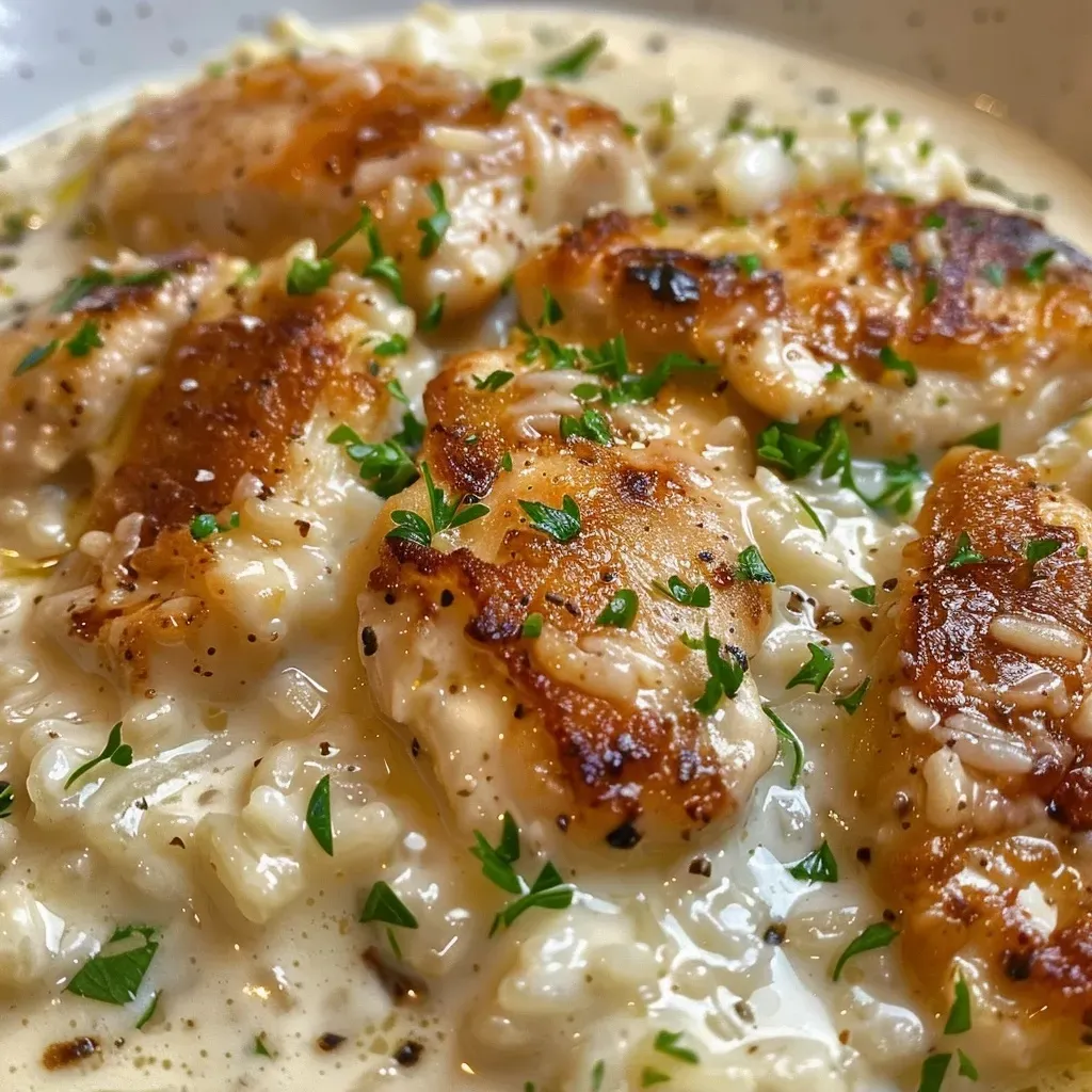 ['Close-up of creamy parmesan chicken and rice in a skillet, showcasing vibrant colors.', 'Side view of a delicious dish of creamy parmesan chicken and rice, garnished with parsley.', 'Juicy pieces of chicken mixed with creamy rice, set in a pan, ready to enjoy.', 'Detailed view of a one-pan meal featuring chicken and rice, rich in creamy texture.']
