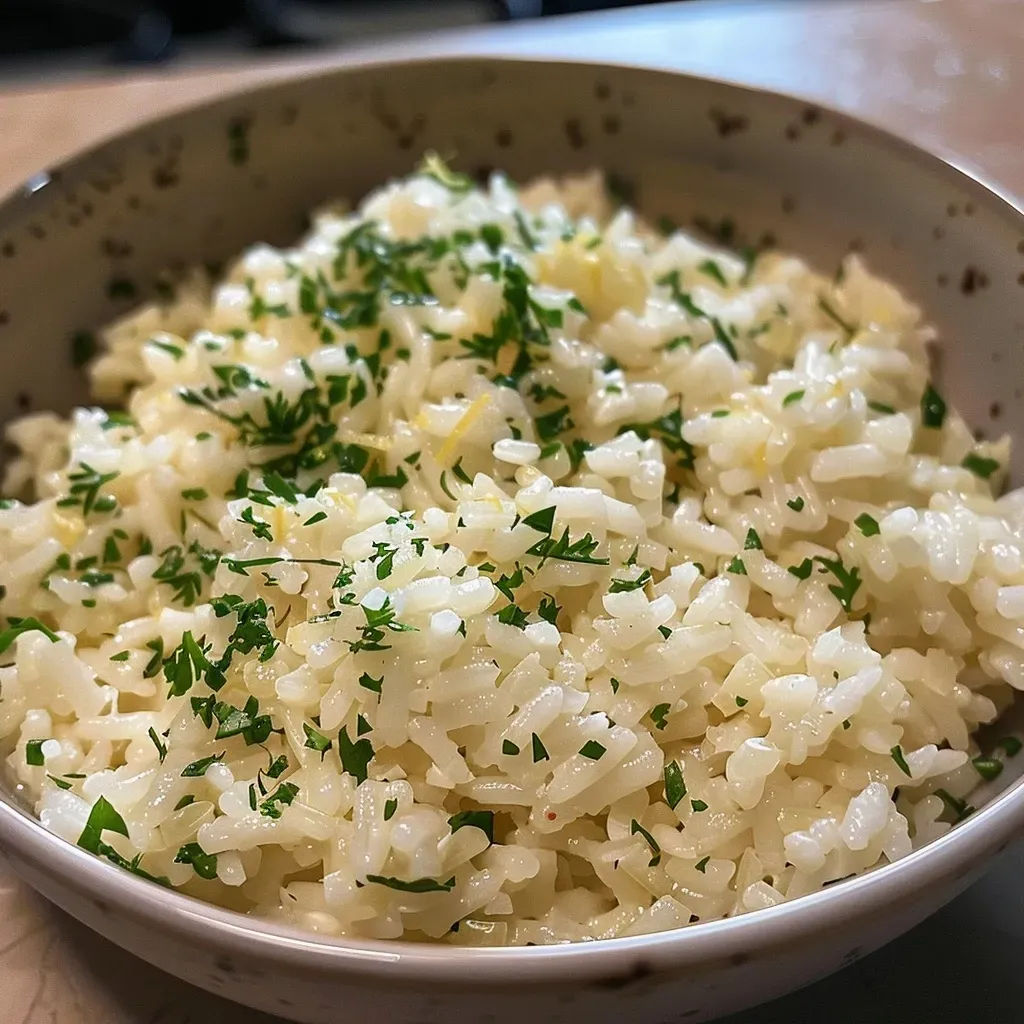 ['Close-up view of creamy Parmesan rice garnished with parsley, showcasing a rich texture.', 'Side view of fluffy, creamy Parmesan rice with visible cheese and herbs, glistening from butter.', 'Detailed shot of cooked Parmesan rice with a smooth, creamy consistency, featuring small bits of onion.', 'Close-up image of savory creamy rice topped with grated Parmesan and fresh parsley, highlighting its deliciousness.']