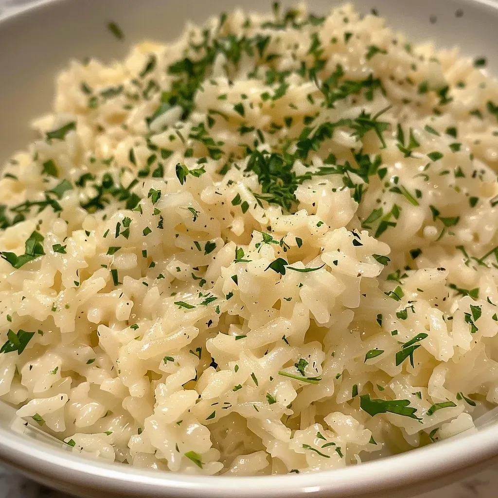 ['Close-up view of creamy Parmesan rice garnished with parsley, showcasing a rich texture.', 'Side view of fluffy, creamy Parmesan rice with visible cheese and herbs, glistening from butter.', 'Detailed shot of cooked Parmesan rice with a smooth, creamy consistency, featuring small bits of onion.', 'Close-up image of savory creamy rice topped with grated Parmesan and fresh parsley, highlighting its deliciousness.']