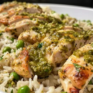 ['Close-up of creamy pesto chicken and rice dish with vibrant green pesto drizzle.', 'Side view of a bowl filled with creamy chicken and rice, topped with peas and parsley.', 'Plate of succulent chicken and rice showcasing a glossy pesto sauce and creamy texture.', 'Delicious creamy pesto chicken and rice dish garnished with fresh parsley and peas.']