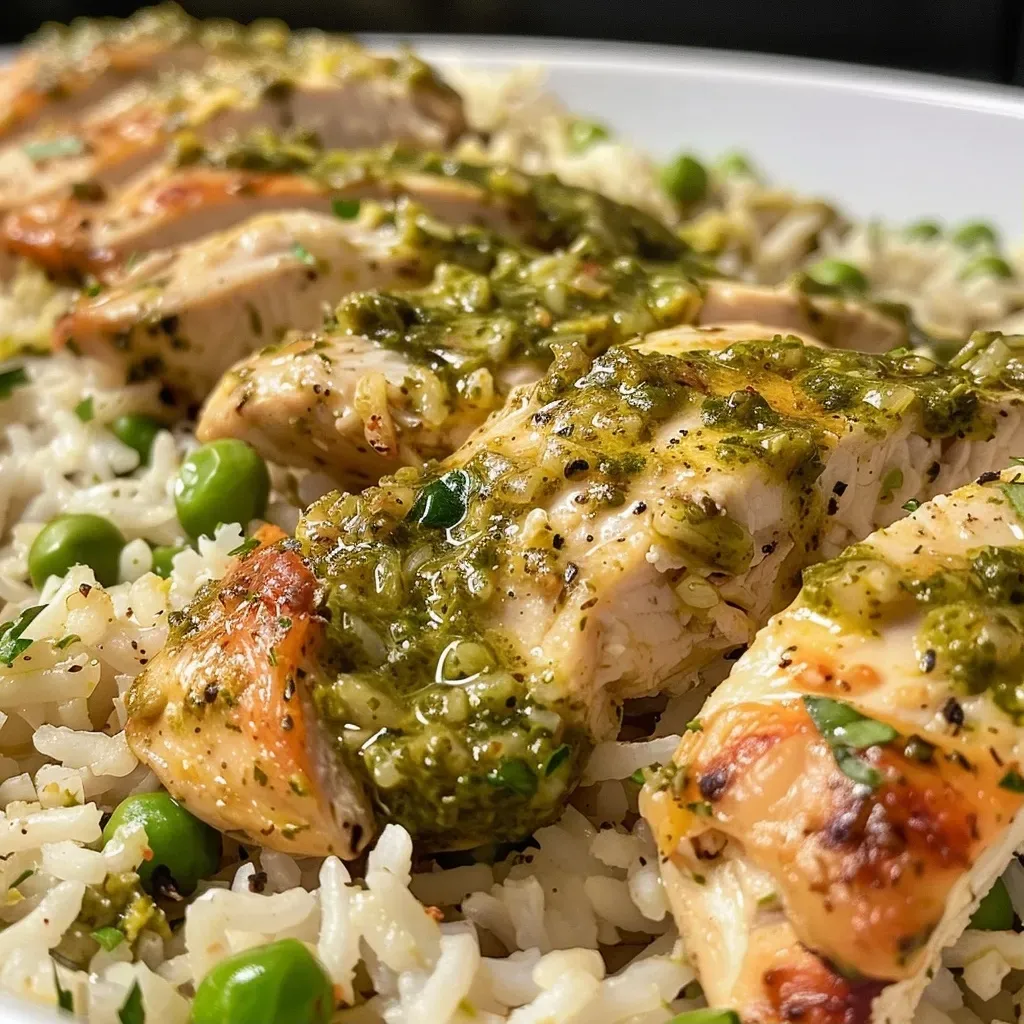 ['Close-up of creamy pesto chicken and rice dish with vibrant green pesto drizzle.', 'Side view of a bowl filled with creamy chicken and rice, topped with peas and parsley.', 'Plate of succulent chicken and rice showcasing a glossy pesto sauce and creamy texture.', 'Delicious creamy pesto chicken and rice dish garnished with fresh parsley and peas.']