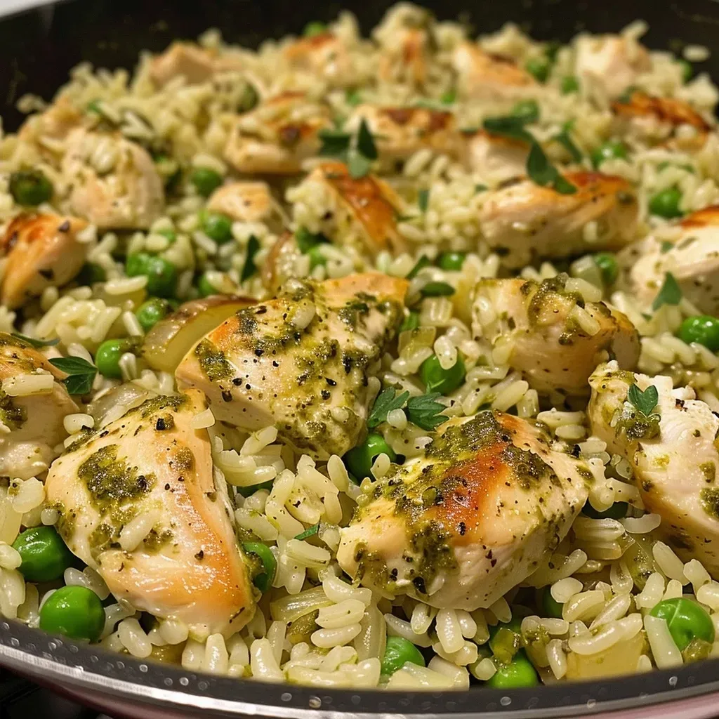 ['Close-up of creamy pesto chicken and rice dish with vibrant green pesto drizzle.', 'Side view of a bowl filled with creamy chicken and rice, topped with peas and parsley.', 'Plate of succulent chicken and rice showcasing a glossy pesto sauce and creamy texture.', 'Delicious creamy pesto chicken and rice dish garnished with fresh parsley and peas.']