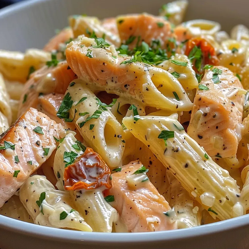 ['Close-up view of creamy salmon pasta with sun-dried tomatoes and spinach.', 'Juicy creamy salmon pasta showcasing fresh herbs and garlic.', 'Delicious bowl of creamy salmon pasta garnished with spinach.', 'Side view of salmon pasta with a rich cream sauce and pasta texture.']