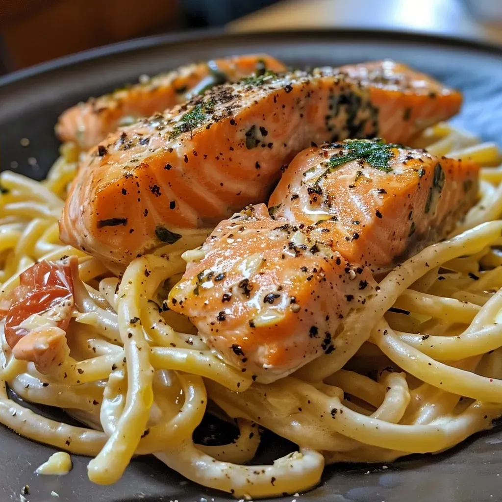 Close-up view of creamy salmon pasta with sun-dried tomatoes and spinach.