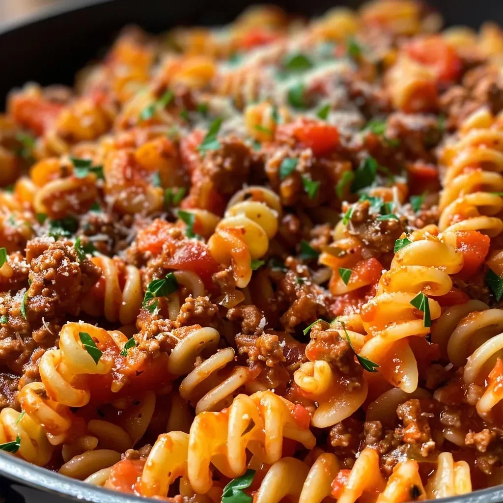 ['Close-up side view of creamy tomato beef pasta with a rich sauce and pasta shapes.', 'A detailed shot of a bowl filled with beef mince, pasta, and a garnished creamy tomato sauce.', 'Juicy creamy tomato beef pasta served in a bowl, showcasing the sauce and ingredients.', 'Side angle view of a creamy pasta dish with beef and tomato garnished with parsley.']