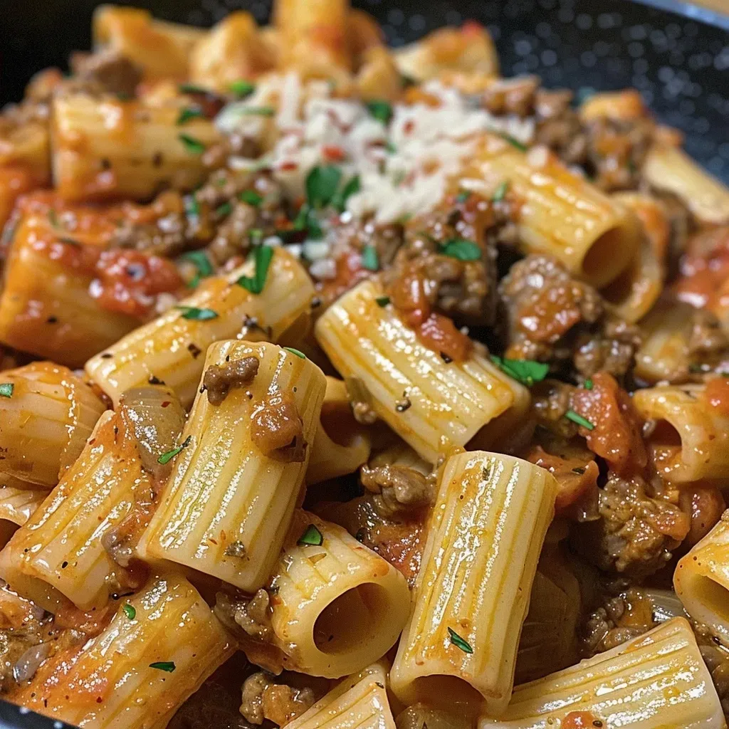 ['Close-up side view of creamy tomato beef pasta with a rich sauce and pasta shapes.', 'A detailed shot of a bowl filled with beef mince, pasta, and a garnished creamy tomato sauce.', 'Juicy creamy tomato beef pasta served in a bowl, showcasing the sauce and ingredients.', 'Side angle view of a creamy pasta dish with beef and tomato garnished with parsley.']