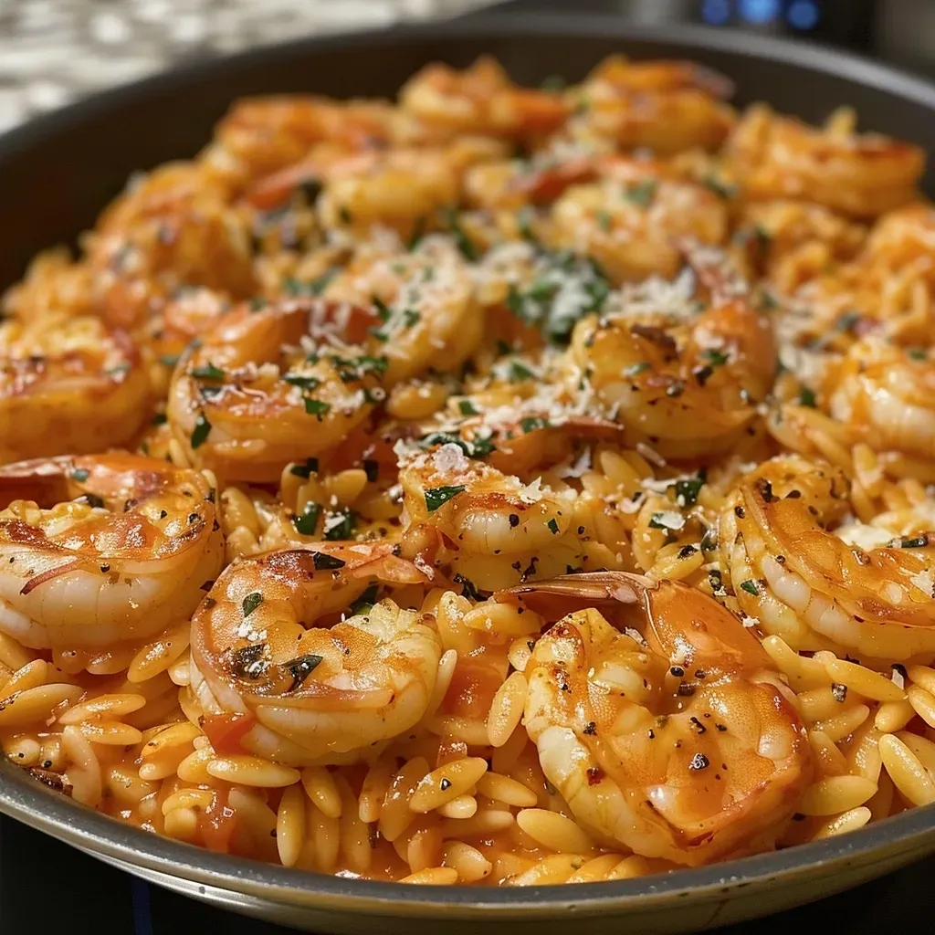['Close-up of creamy tomato orzo with shrimp, featuring vibrant colors and a rich sauce.', 'A side view of a bowl filled with creamy tomato orzo topped with shrimp, garnished with herbs.', 'Delicious creamy tomato orzo mixed with juicy shrimp, displayed in a rustic bowl.', 'Appetizing close-up of creamy tomato orzo with shrimp, showcasing a rich, velvety texture.']