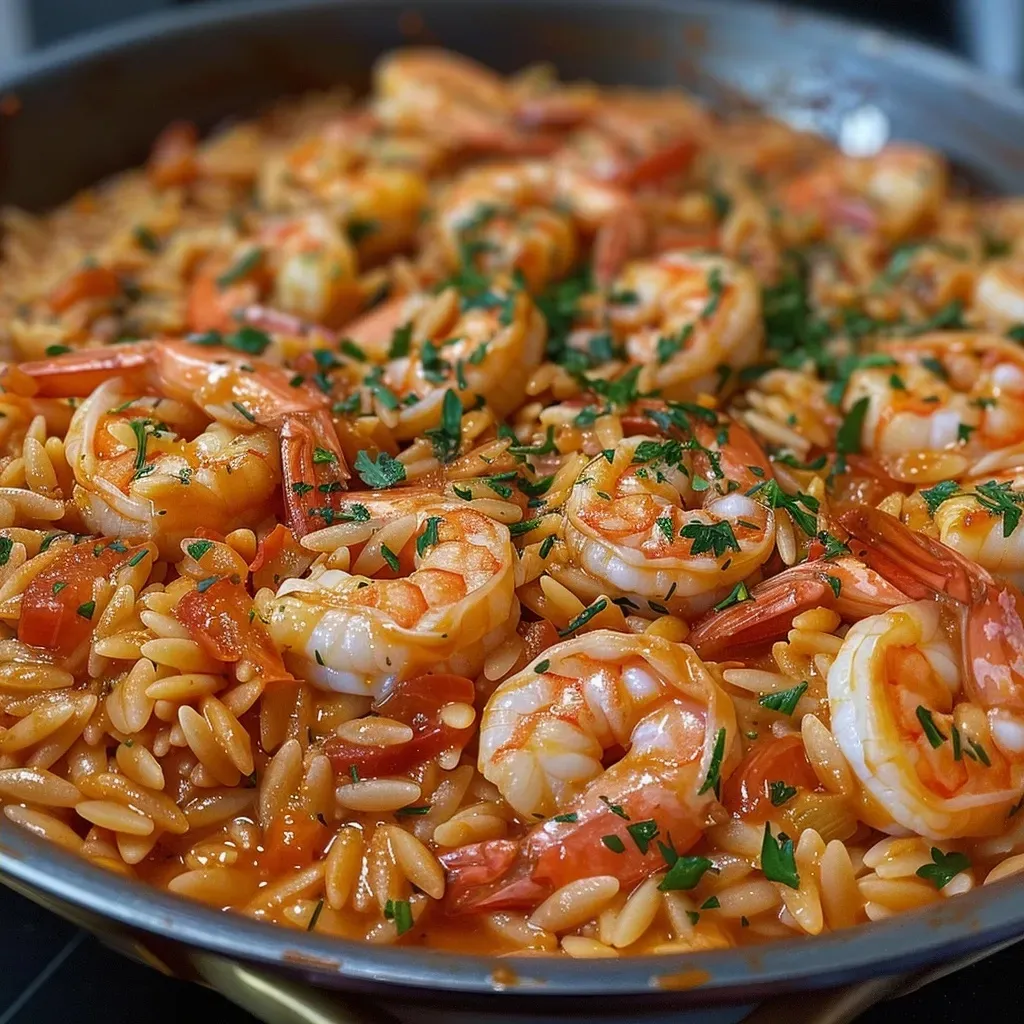['Close-up of creamy tomato orzo with shrimp, featuring vibrant colors and a rich sauce.', 'A side view of a bowl filled with creamy tomato orzo topped with shrimp, garnished with herbs.', 'Delicious creamy tomato orzo mixed with juicy shrimp, displayed in a rustic bowl.', 'Appetizing close-up of creamy tomato orzo with shrimp, showcasing a rich, velvety texture.']