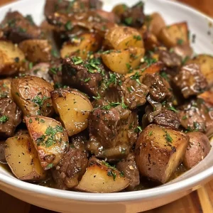 ['Close-up view of tender beef tips and small waxy potatoes in a rich garlic butter sauce.', 'Savory crockpot garlic butter beef tips with juicy potatoes, garnished with parsley.', 'Delicious beef tips and potatoes cooked in garlic butter, showcasing a creamy sauce.', 'A mouthwatering side view of garlic butter beef tips and potatoes ready to serve.']