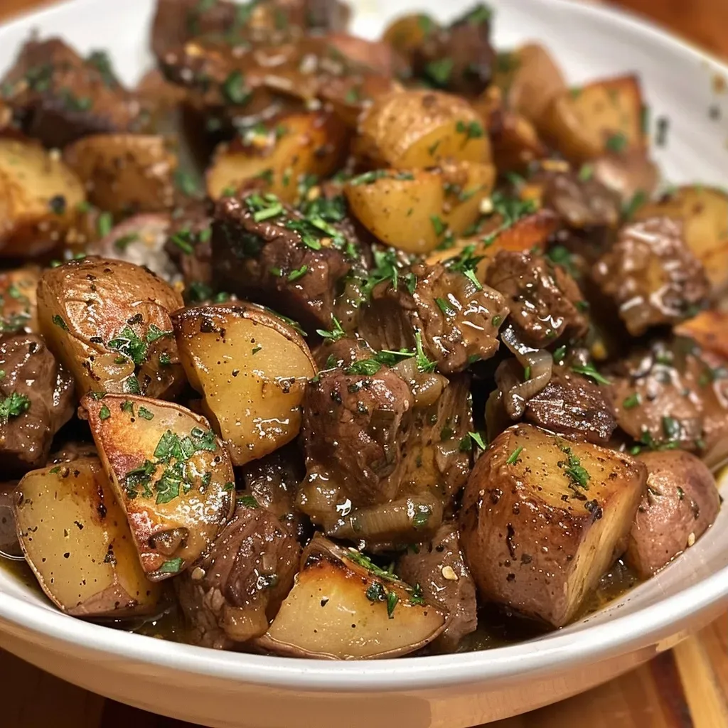 ['Close-up view of tender beef tips and small waxy potatoes in a rich garlic butter sauce.', 'Savory crockpot garlic butter beef tips with juicy potatoes, garnished with parsley.', 'Delicious beef tips and potatoes cooked in garlic butter, showcasing a creamy sauce.', 'A mouthwatering side view of garlic butter beef tips and potatoes ready to serve.']