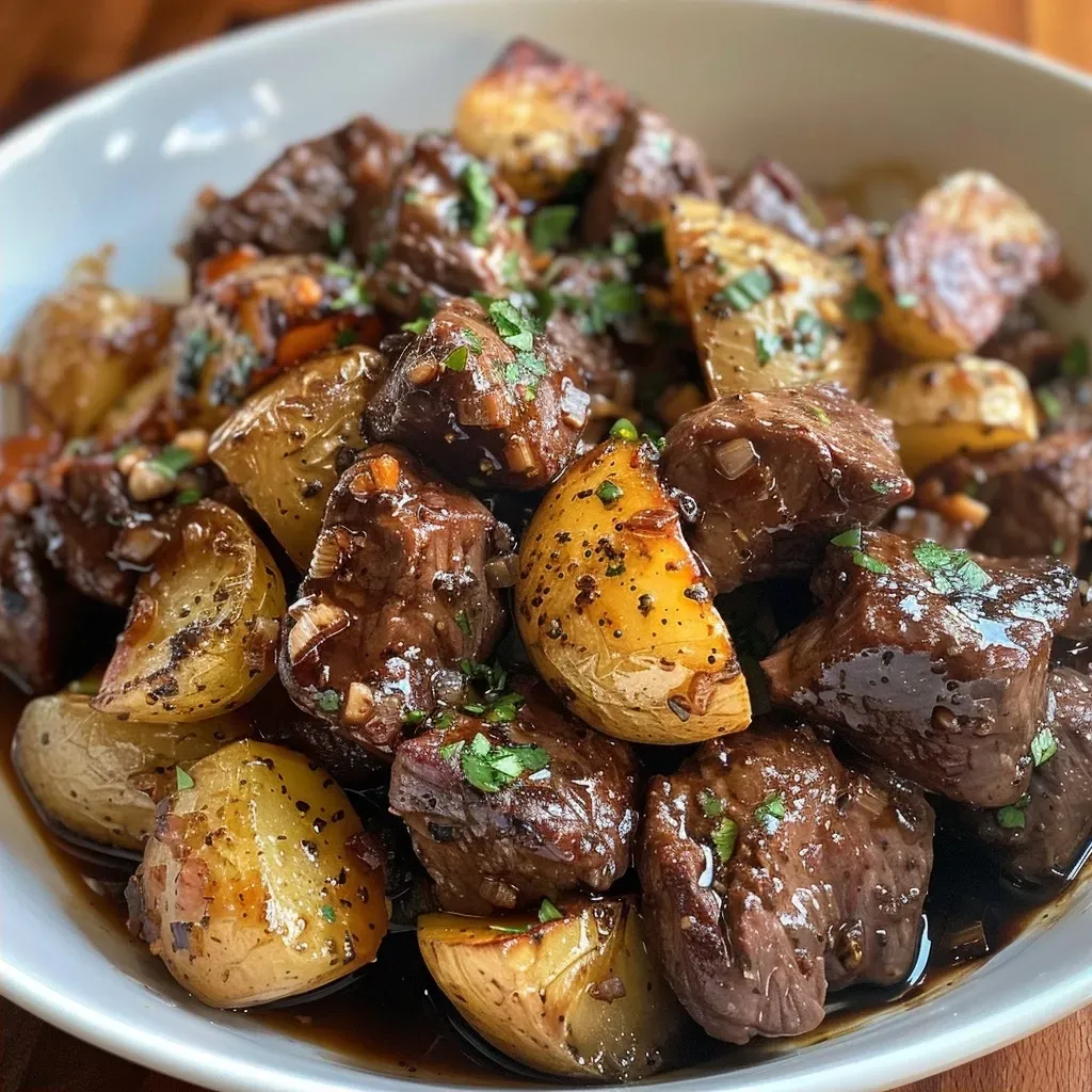 ['Close-up view of tender beef tips and small waxy potatoes in a rich garlic butter sauce.', 'Savory crockpot garlic butter beef tips with juicy potatoes, garnished with parsley.', 'Delicious beef tips and potatoes cooked in garlic butter, showcasing a creamy sauce.', 'A mouthwatering side view of garlic butter beef tips and potatoes ready to serve.']