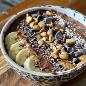 ['A close-up side view of a decadent chocolate peanut butter smoothie bowl topped with sliced banana and chocolate chips.', 'A colorful smoothie bowl featuring a rich chocolate peanut butter blend, garnished with peanuts and chia seeds.', 'A creamy smoothie bowl filled with chocolate and peanut butter, embellished with banana slices and mini chocolate chips.', 'A side view of a luscious smoothie bowl showcasing chocolate and peanut butter, topped with chopped peanuts and chia seeds.']