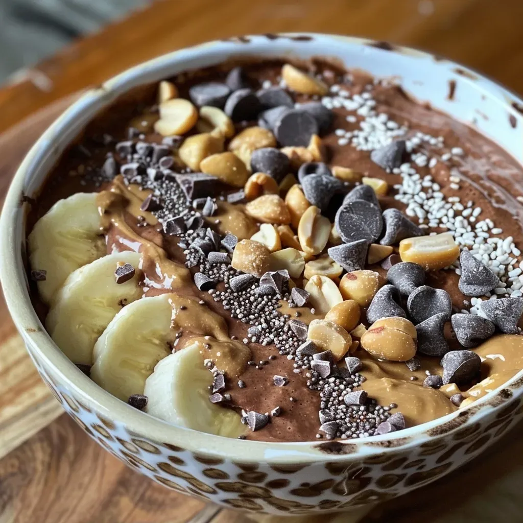 ['A close-up side view of a decadent chocolate peanut butter smoothie bowl topped with sliced banana and chocolate chips.', 'A colorful smoothie bowl featuring a rich chocolate peanut butter blend, garnished with peanuts and chia seeds.', 'A creamy smoothie bowl filled with chocolate and peanut butter, embellished with banana slices and mini chocolate chips.', 'A side view of a luscious smoothie bowl showcasing chocolate and peanut butter, topped with chopped peanuts and chia seeds.']