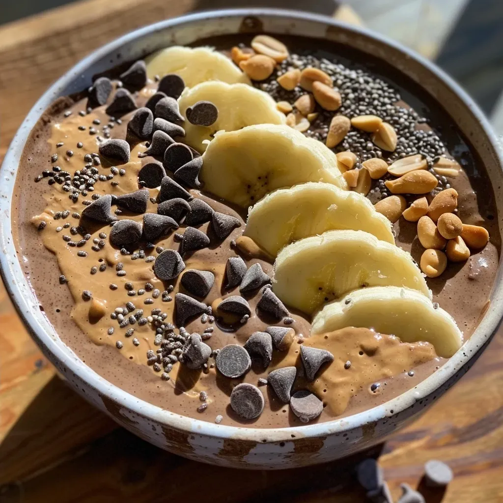 ['A close-up side view of a decadent chocolate peanut butter smoothie bowl topped with sliced banana and chocolate chips.', 'A colorful smoothie bowl featuring a rich chocolate peanut butter blend, garnished with peanuts and chia seeds.', 'A creamy smoothie bowl filled with chocolate and peanut butter, embellished with banana slices and mini chocolate chips.', 'A side view of a luscious smoothie bowl showcasing chocolate and peanut butter, topped with chopped peanuts and chia seeds.']