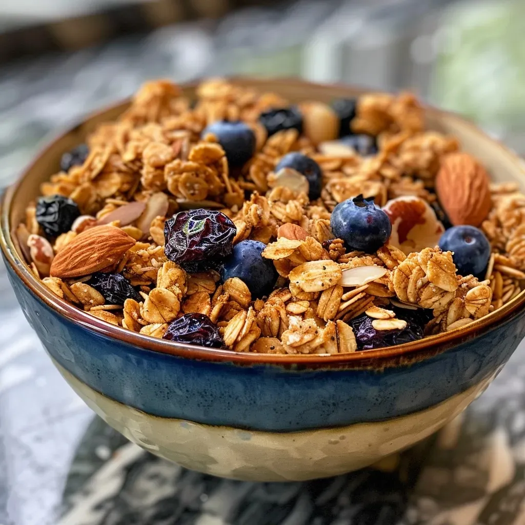 ['A close-up side view of Easy Blueberry Granola in a bowl, featuring oats, almonds, and dried blueberries.', 'A detailed shot of homemade Easy Blueberry Granola, highlighting the crunchy texture of oats and almonds.', 'A vibrant close-up of a bowl filled with Easy Blueberry Granola, showcasing its colorful dried blueberries and lemon zest.', 'An enticing side view of Easy Blueberry Granola, with visible almonds, oats, and a sprinkle of lemon zest.']