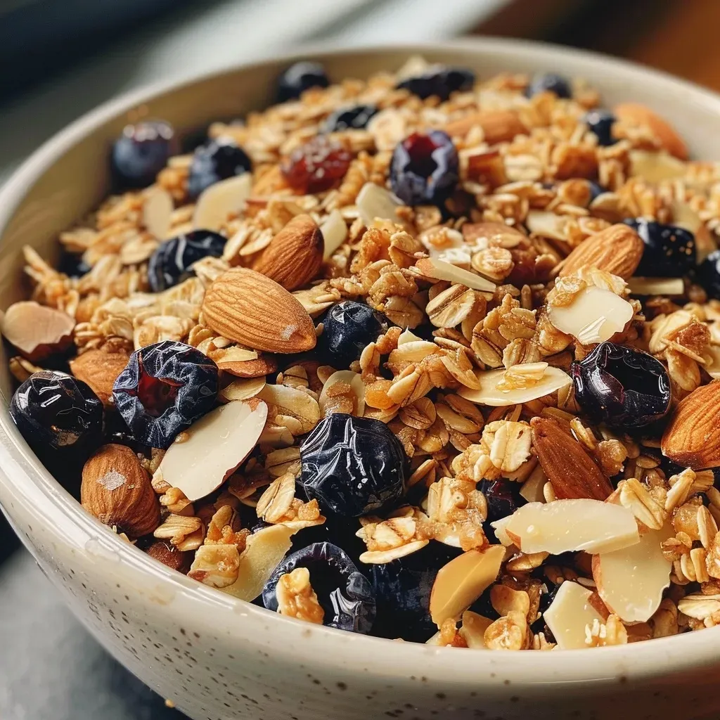 ['A close-up side view of Easy Blueberry Granola in a bowl, featuring oats, almonds, and dried blueberries.', 'A detailed shot of homemade Easy Blueberry Granola, highlighting the crunchy texture of oats and almonds.', 'A vibrant close-up of a bowl filled with Easy Blueberry Granola, showcasing its colorful dried blueberries and lemon zest.', 'An enticing side view of Easy Blueberry Granola, with visible almonds, oats, and a sprinkle of lemon zest.']